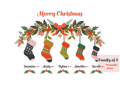 Family of 5 - Customisable personalised name Christmas Print by Studio Peers. Merry Christmas decoration with Stockings and personalised family names.