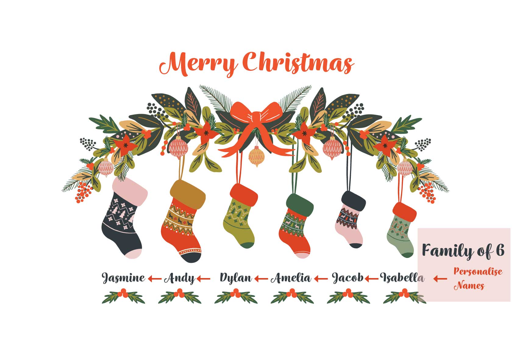 Family of 6 Christmas gift idea - Customisable personalised name Christmas Print by Studio Peers. Merry Christmas decoration with Stockings and personalised family names.
