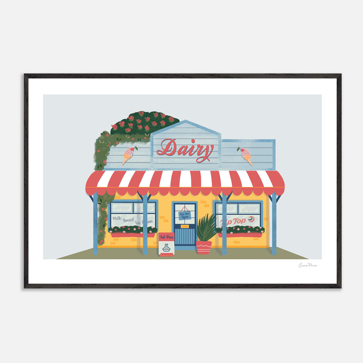 A1 Framed New Zealand Kiwi Dairy Illustration by Illustrator Emma Peers of Studio Peers. NZ Dairy yellow and blue shopfront selling pies and tip top ice cream. Kiwiana Wall Art Print