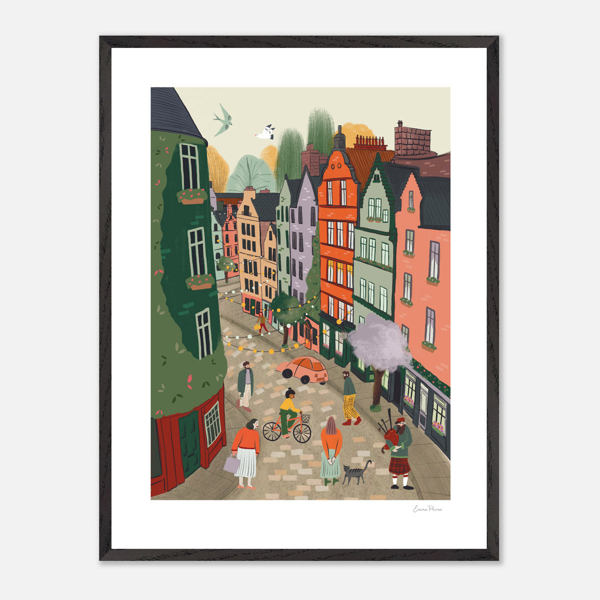 A2 Sustainable Pine Framed Travel Poster of Victoria Street Edinburgh Scotland. Illustration by Emma Peer of Studio Peers