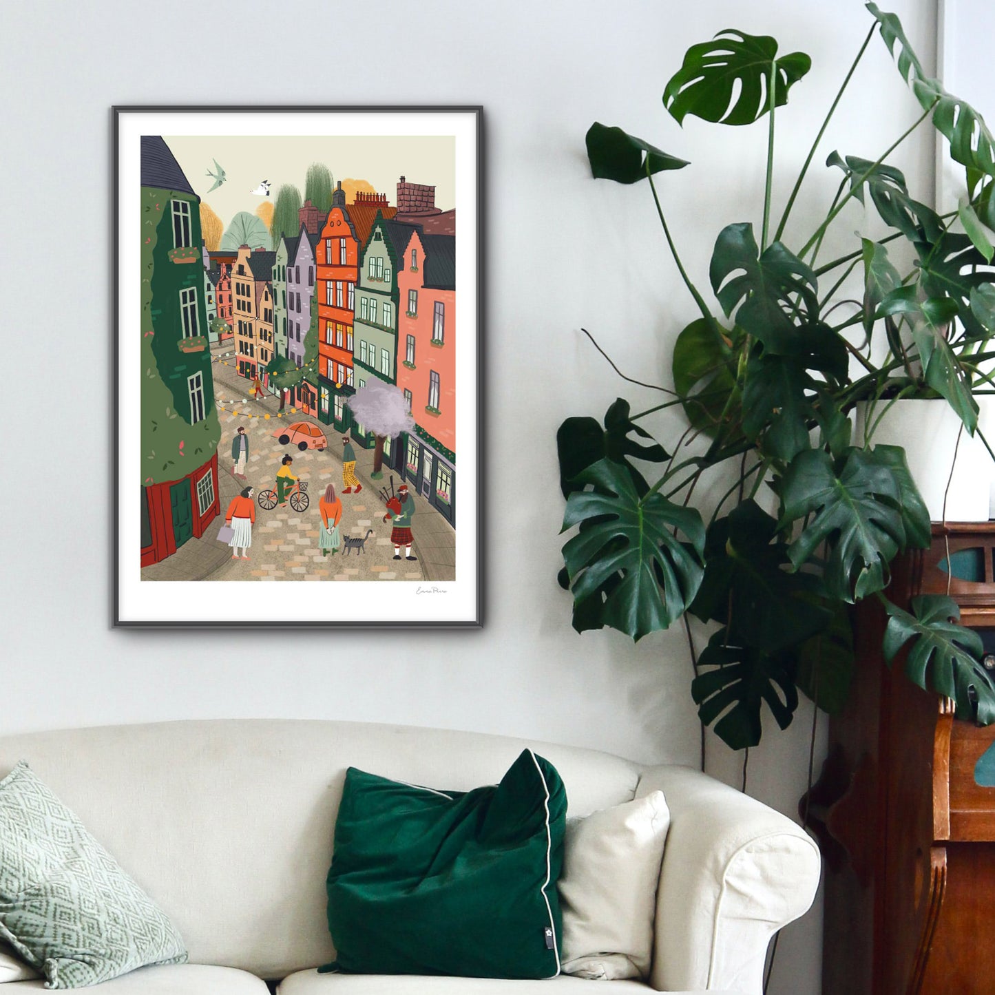 Mockup of Travel Poster of Victoria Street Edinburgh Scotland. Illustration by Emma Peer of Studio Peers