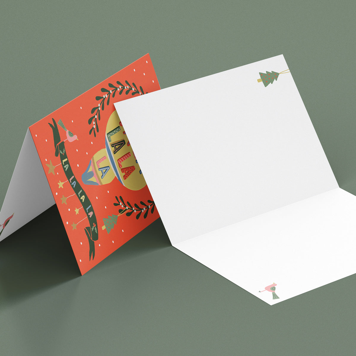 Christmas Card Fa la la with mistletoe, dove Christmas tree and bauble. Illustrated by Studio Peers. Mock details of Festive Card red and gold.