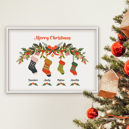White Framed Customisable personalised name Christmas Print by Studio Peers.  Merry Christmas decoration with Stockings and personalised family names.