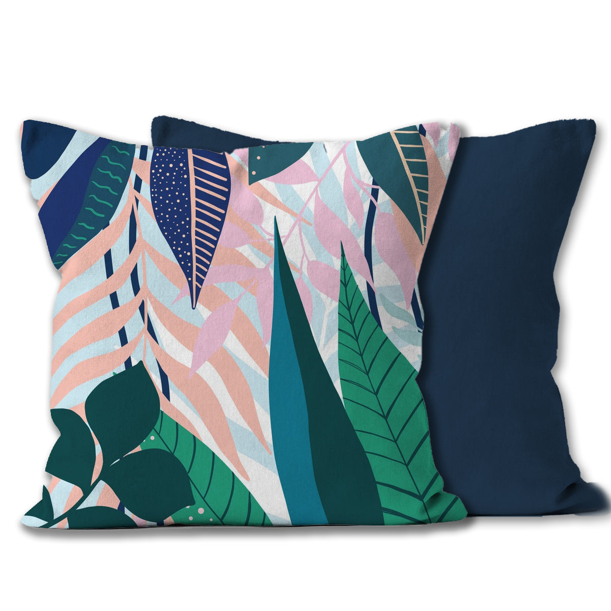 Blue hues botanical throw pillow or cushion. Illustrated by designer Emma Peers - front and back view with Navy Back