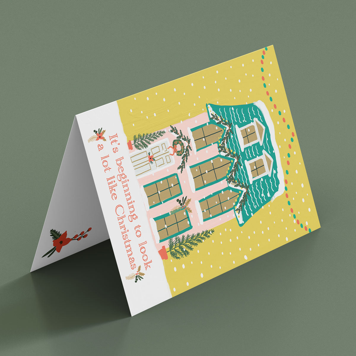 It's beginning to look a lot like Christmas Card. Hand Drawn painted Christmas house. Festive snow scene by Studio Peers.