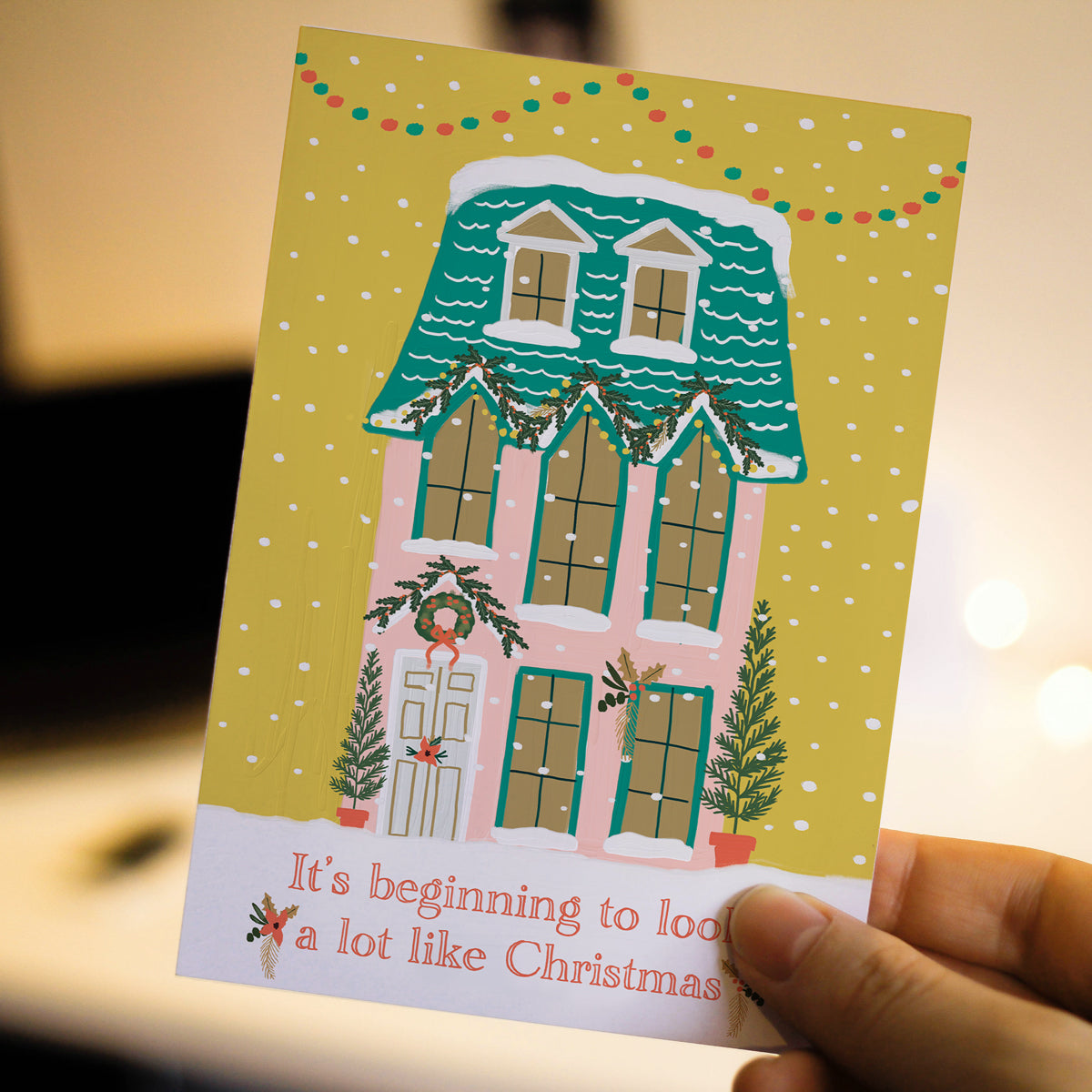 It's beginning to look a lot like Christmas Card. Hand Drawn painted Christmas house. Festive snow scene by Studio Peers.