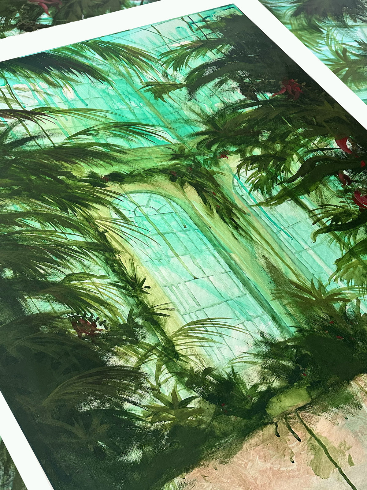 Original Botanical Painting by Studio Peers. Lush greens, blue and pinks with the archways of a botanical gardens greenhouse. Featuring red Kakabeak flowers.