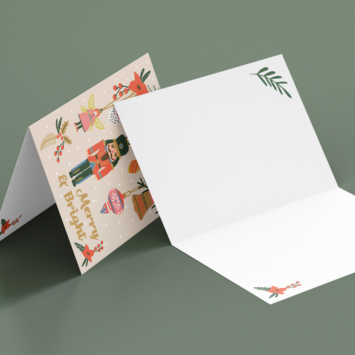 Merry and Bright hand painted Christmas Card. Toy Soldier, Fairy and Santa festive design by Studio Peers. mock up of Floral Christmas Design