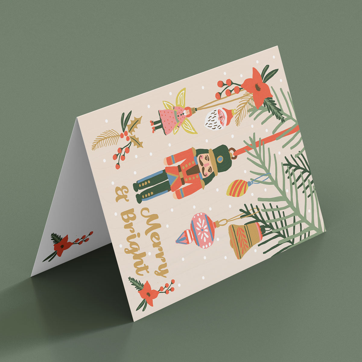 Merry and Bright hand painted Christmas Card. Toy Soldier, Fairy and Santa festive design by Studio Peers.
