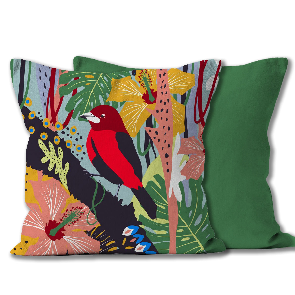 Tropical floral Tanager bird cushion. Illustration of the rainforest with reds, pinks. greens and mustard colourful. Front and Back of Cushion