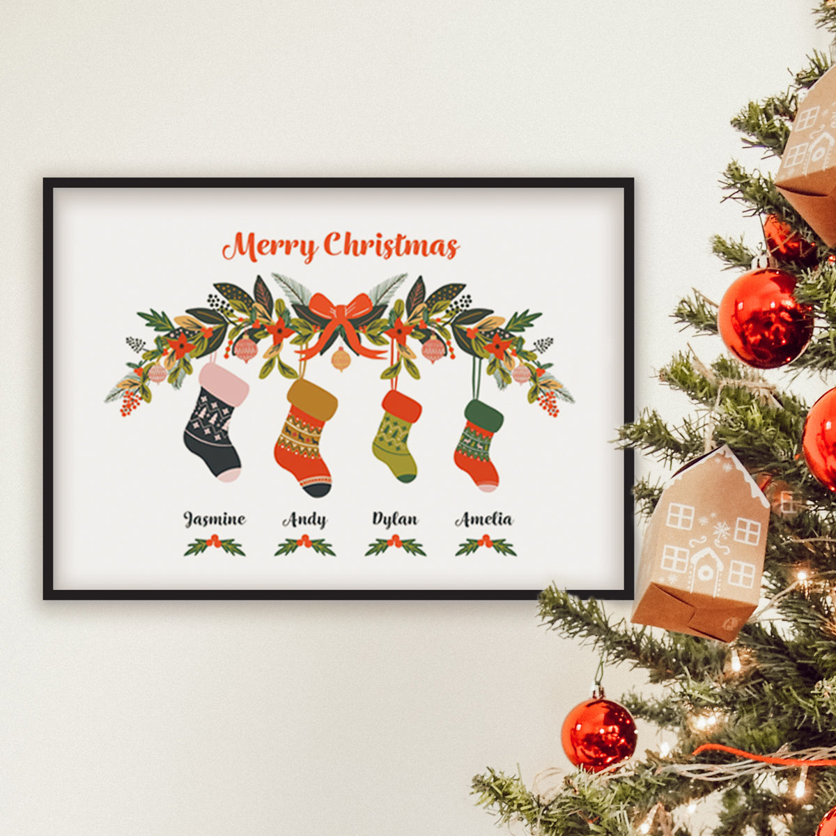 Black Framed option - Customisable personalised name Christmas Print by Studio Peers.  Merry Christmas decoration with Stockings and personalised family names.