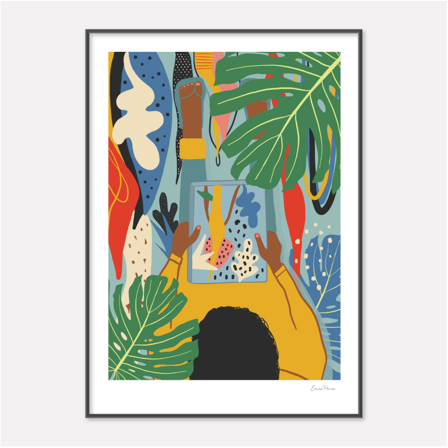 Illustration of woman reading a book in the Botanical Gardens surrounded by plants by Illustrator Emma Peers