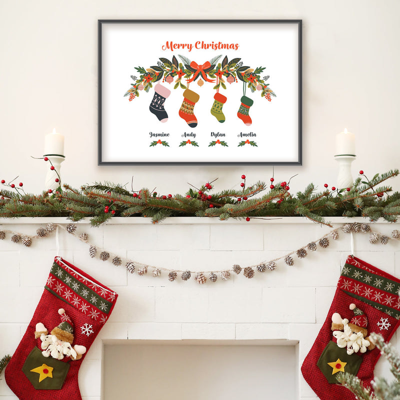 Customisable Festive Wall Art.  Personalised Family Christmas print with names under the stockings by Studio Peers