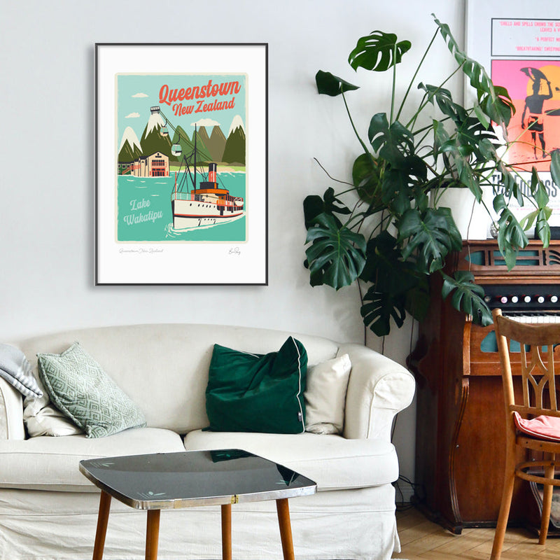 Map of Queenstown New Zealand.  Illustration by Studio Peers of Lake Wakatipu, The Earnslaw and the Remarkables Mountain Range.