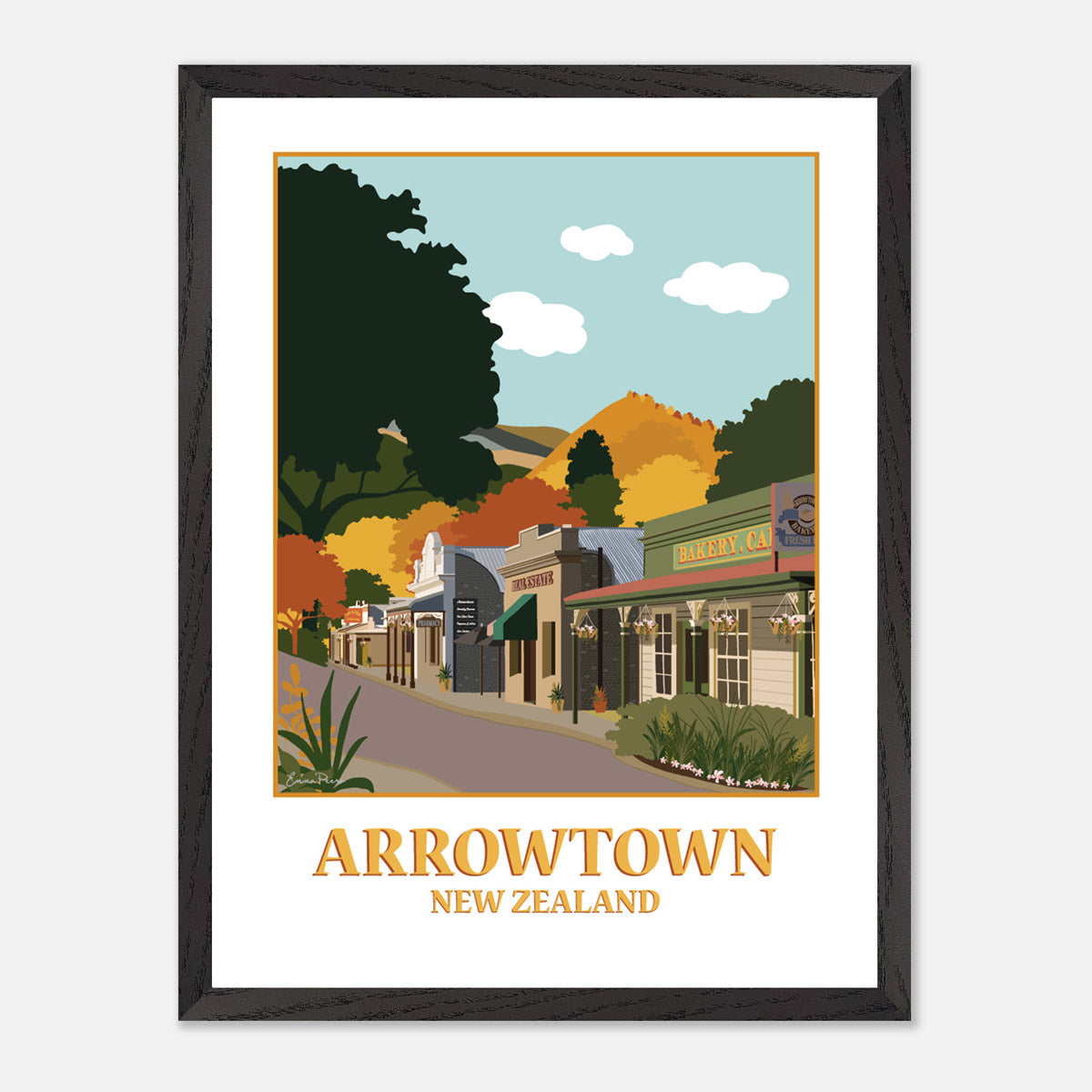 Illustration of Buckingham Street in Arrowtown New Zealand by artist Studio Peers, gift shop in Queenstown A4 Framed Art Print