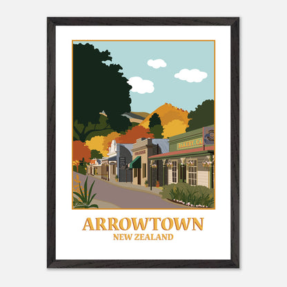 Illustration of Buckingham Street in Arrowtown New Zealand by artist Studio Peers, gift shop in Queenstown A4 Framed Art Print