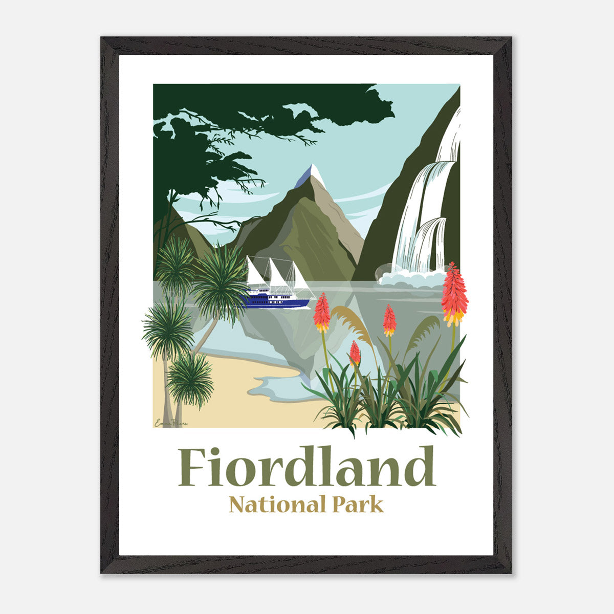A3 12x16 Framed Illustration of Fiordland National Park by Illustrator Studio Peers. Mitre Peak, Milford Sound and the Milford Mariner boat.  New Zealand doubtful Sound beach, waterfalls and mountains.
