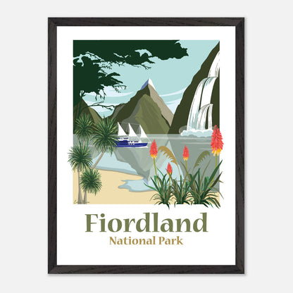 A3 12x16 Framed Illustration of Fiordland National Park by Illustrator Studio Peers. Mitre Peak, Milford Sound and the Milford Mariner boat.  New Zealand doubtful Sound beach, waterfalls and mountains.