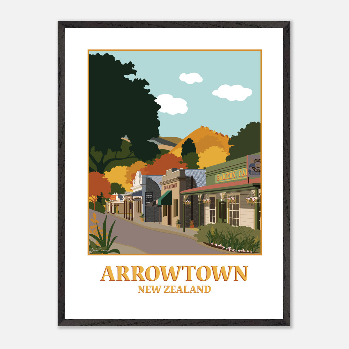 Illustration of Buckingham Street in Arrowtown New Zealand by artist Studio Peers, gift shop in Queenstown 18x24 Framed Art Print