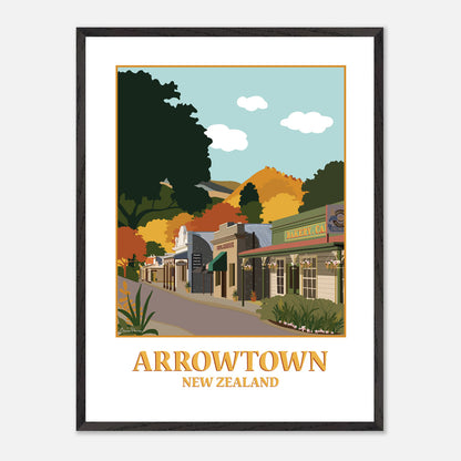 Illustration of Buckingham Street in Arrowtown New Zealand by artist Studio Peers, gift shop in Queenstown 18x24 Framed Art Print