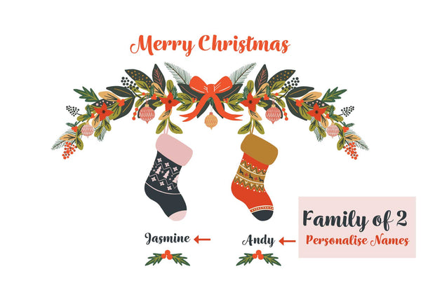 Family of 2 - Customisable personalised name Christmas Print by Studio Peers.  Merry Christmas decoration with Stockings and personalised family names.