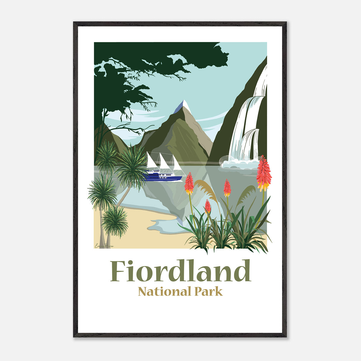 A1 24x36 Framed Illustration of Fiordland National Park by Illustrator Studio Peers. Mitre Peak, Milford Sound and the Milford Mariner boat.  New Zealand doubtful Sound beach, waterfalls and mountains.