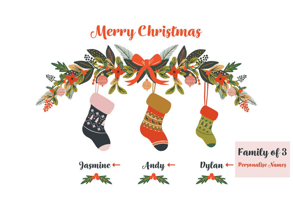Family of 3 - Customisable personalised name Christmas Print by Studio Peers. Merry Christmas decoration with Stockings and personalised family names.