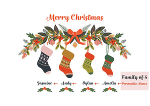 Family of 4 - Customisable personalised name Christmas Print by Studio Peers. Merry Christmas decoration with Stockings and personalised family names.