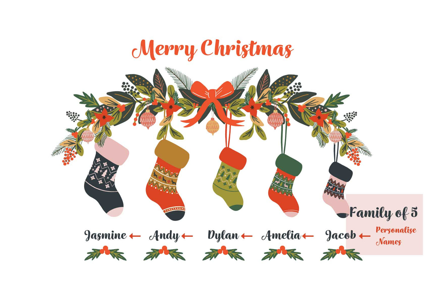 Family of 5 - Customisable personalised name Christmas Print by Studio Peers. Merry Christmas decoration with Stockings and personalised family names.