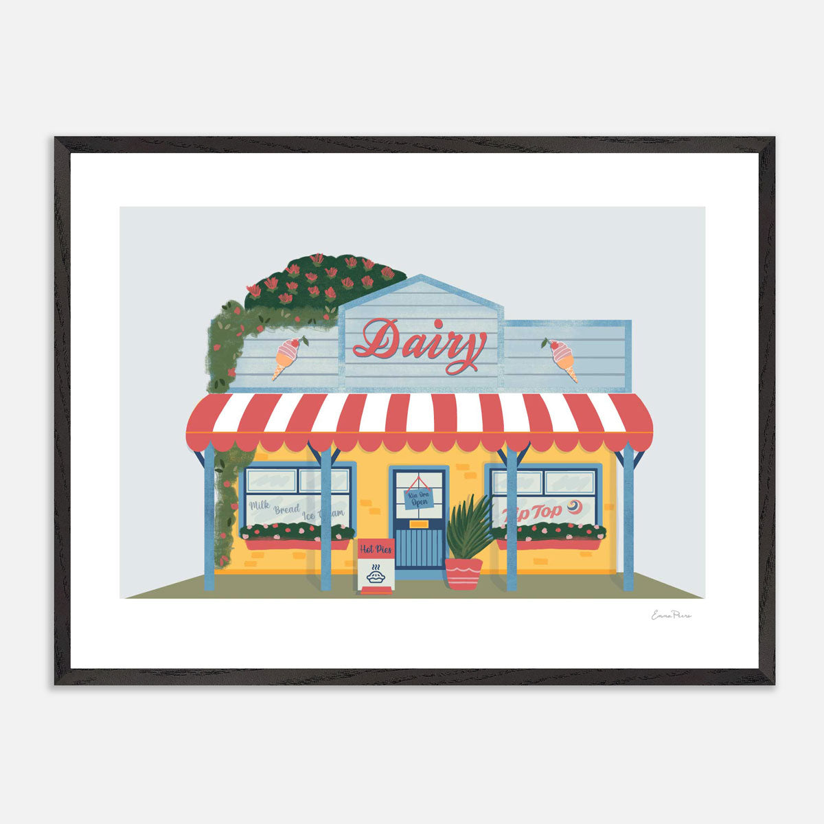 A2 Framed New Zealand Kiwi Dairy Illustration by Illustrator Emma Peers of Studio Peers. NZ Dairy yellow and blue shopfront selling pies and tip top ice cream. Kiwiana Wall Art Print