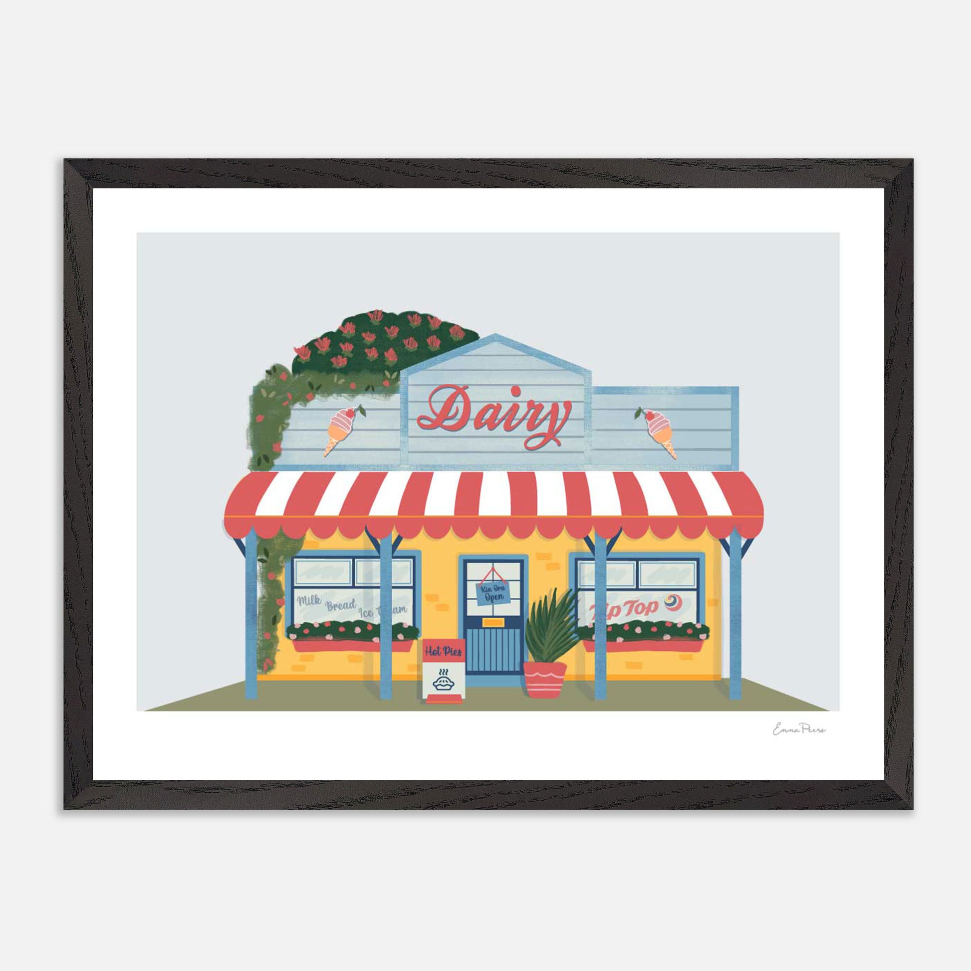 A3 Framed New Zealand Kiwi Dairy Illustration by Illustrator Emma Peers of Studio Peers. NZ Dairy yellow and blue shopfront selling pies and tip top ice cream. Kiwiana Wall Art Print