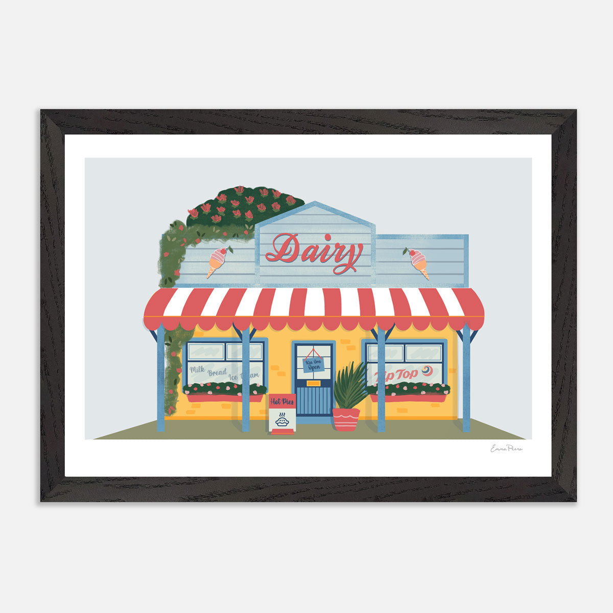 A4 Framed New Zealand Kiwi Dairy Illustration by Illustrator Emma Peers of Studio Peers. NZ Dairy yellow and blue shopfront selling pies and tip top ice cream. Kiwiana Wall Art Print