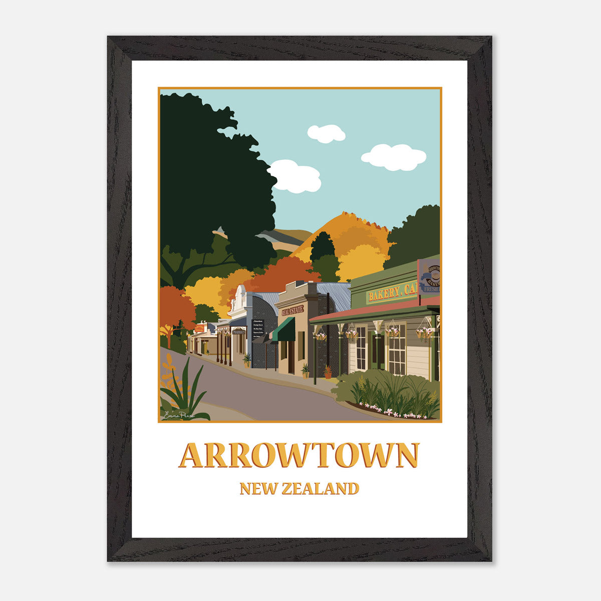 Illustration of Buckingham Street in Arrowtown New Zealand by artist Studio Peers, gift shop in Queenstown 12x18 Framed Art Print