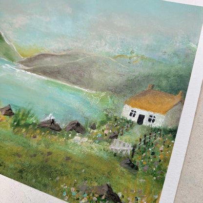 Close up detail of Original Painting of Scottish Bothy by Artist Emma Peers.  Cottage with thatched roof next to the sea and mountains.