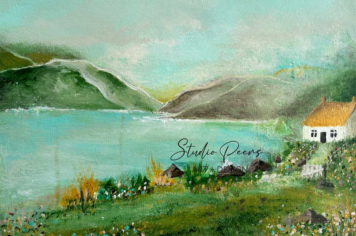 Original Painting of Scottish Bothy by Artist Emma Peers.  Cottage with thatched roof next to the sea and mountains.