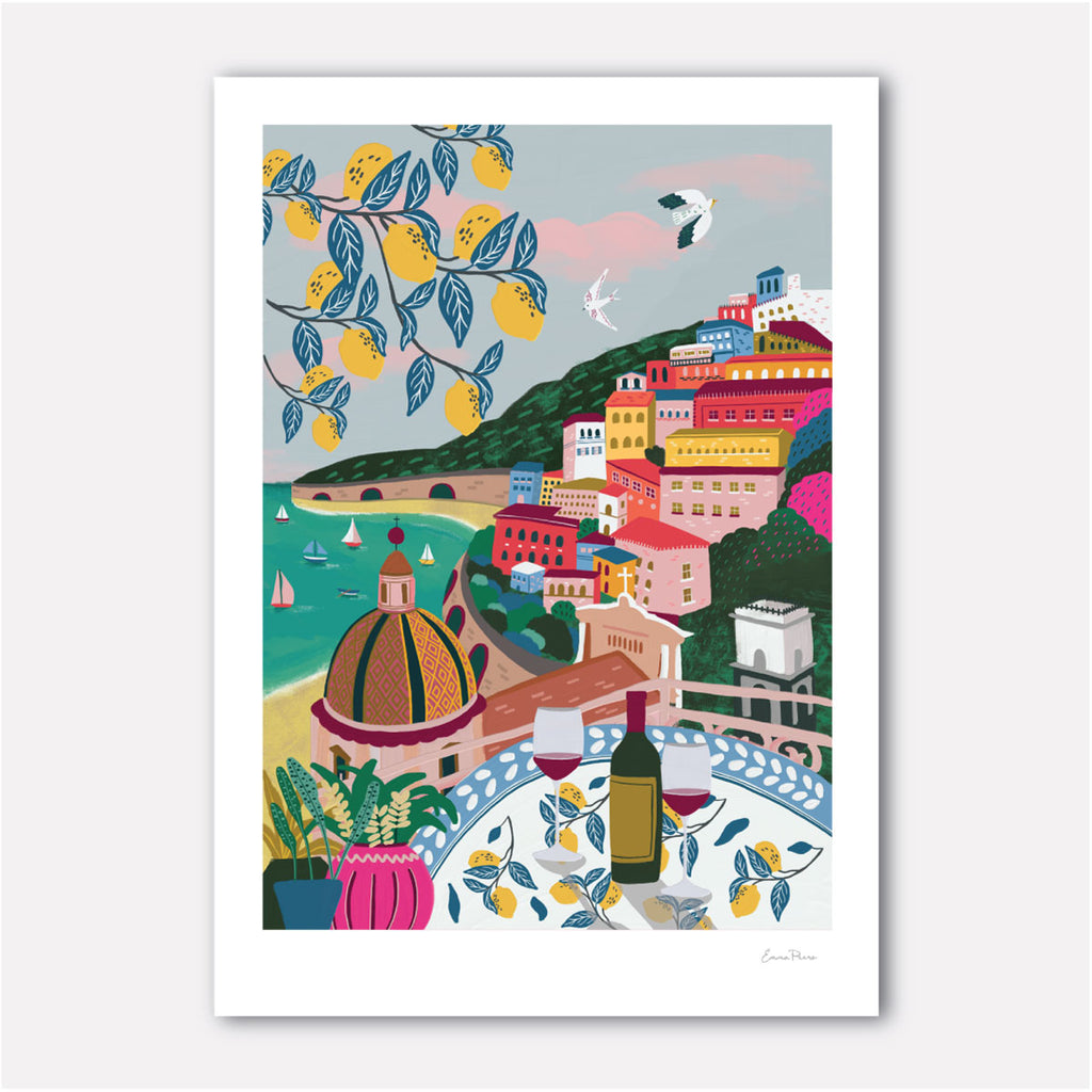 Illustration Travel Poster of Positano, Amalfi Coast in Italy with Lemon Trees and Colourful houses on the cliff by Studio Peers