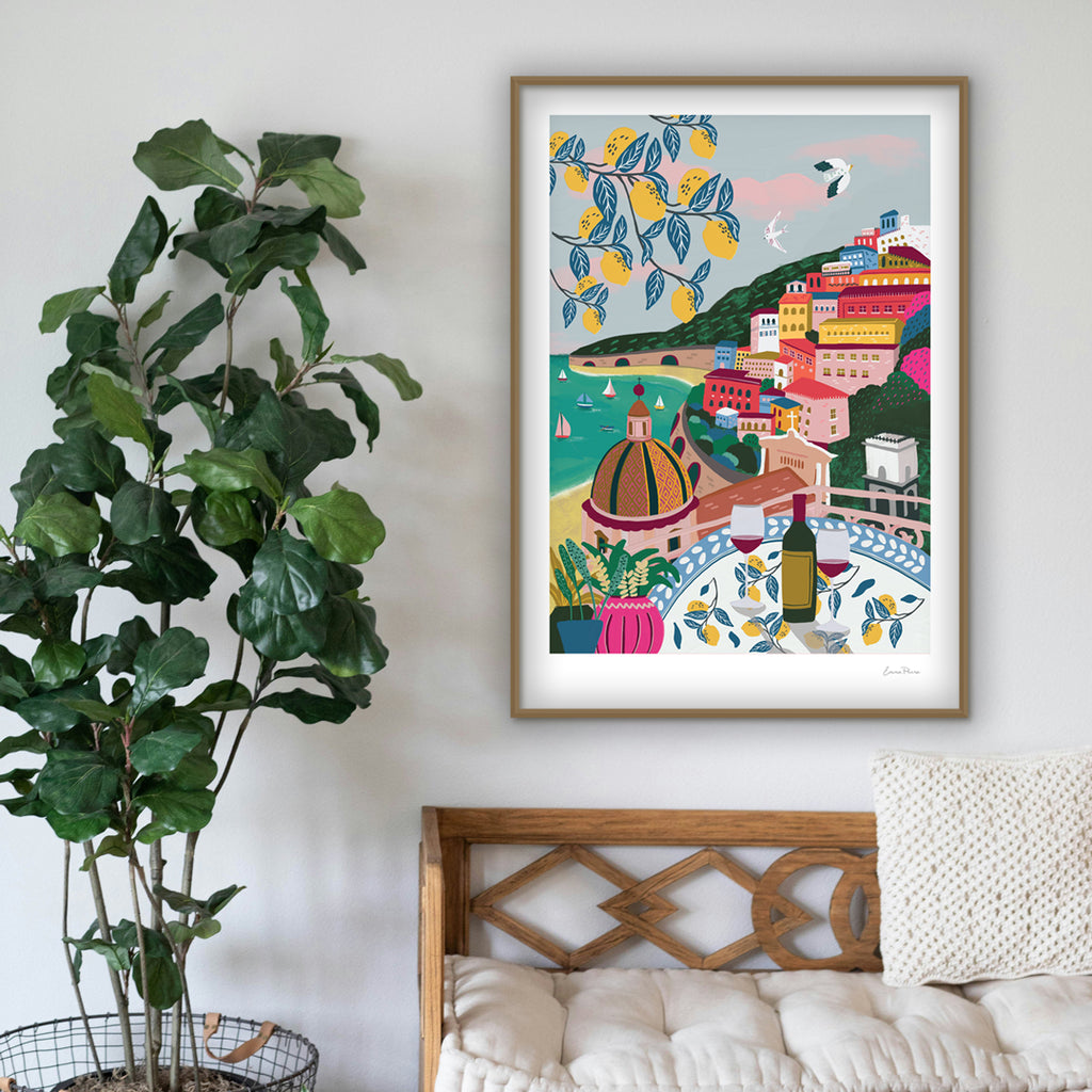Mock up in living room Illustration Travel Poster of Positano, Amalfi Coast in Italy with Lemon Trees and Colourful houses by Studio Peers