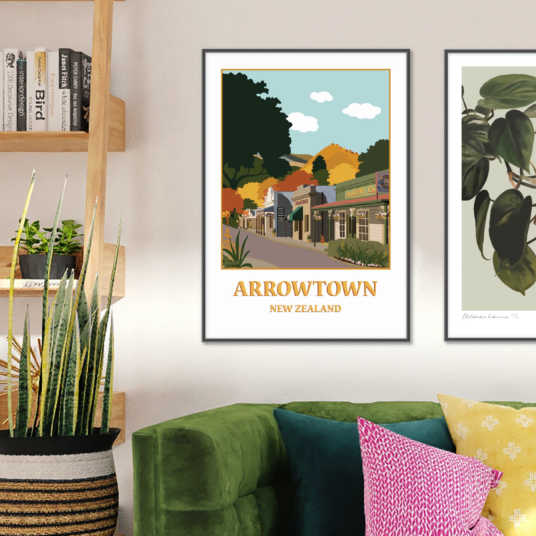 Illustration of Buckingham Street in Arrowtown New Zealand by artist Studio Peers, gift shop in Queenstown living room mockup Art Print