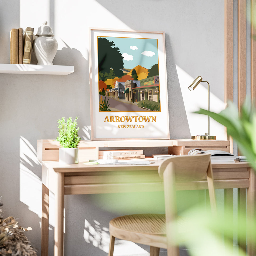 Arrowtown New Zealand Framed Travel Print by Studio Peers Framed print on table mock