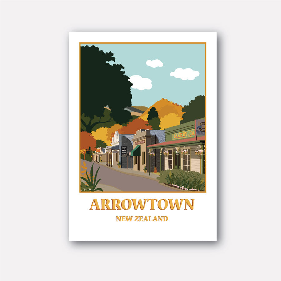 Illustration of Buckingham Street in Arrowtown New Zealand by artist Studio Peers, gift shop in Queenstown