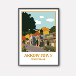 Framed print of Arrowtown New Zealand.  View of Buckingham Street and the Central Otago Mountains in Autumn.