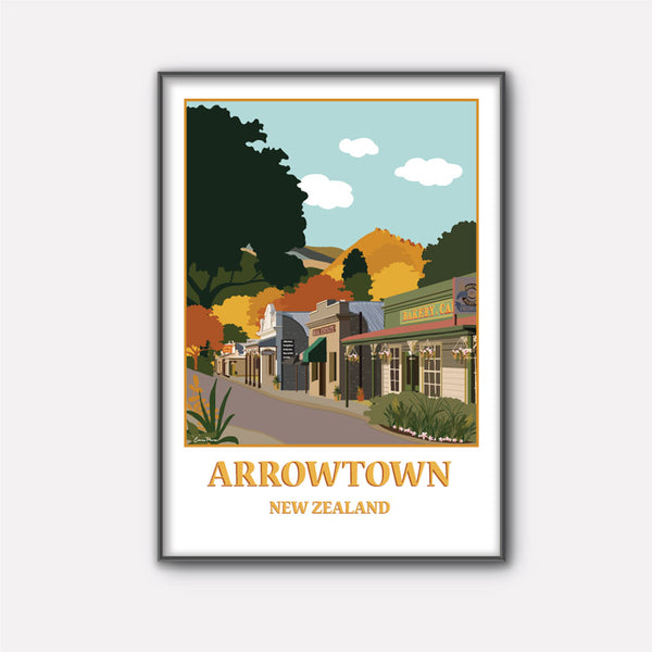 Framed print of Arrowtown New Zealand.  View of Buckingham Street and the Central Otago Mountains in Autumn.