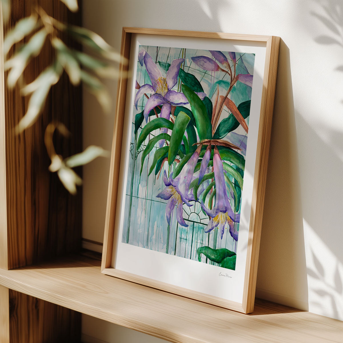 Framed art print on shelf. Framed botanical art print of a Blue Amaryllis and endangered flower from Brazil.  Botanical original art of greenhouse scene with purple, blue and green from Studio Peers