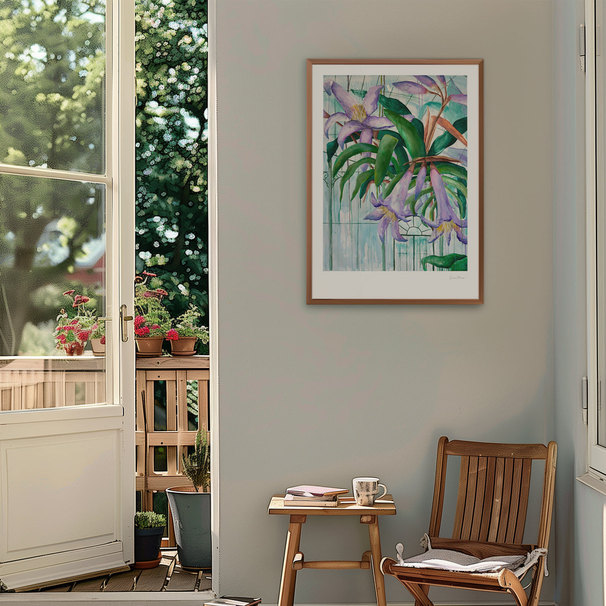 Living room scene with framed botanical art on a wall in from of a garden. Framed botanical art print of a Blue Amaryllis and endangered flower from Brazil.  Botanical original art of greenhouse scene with purple, blue and green from Studio Peers
