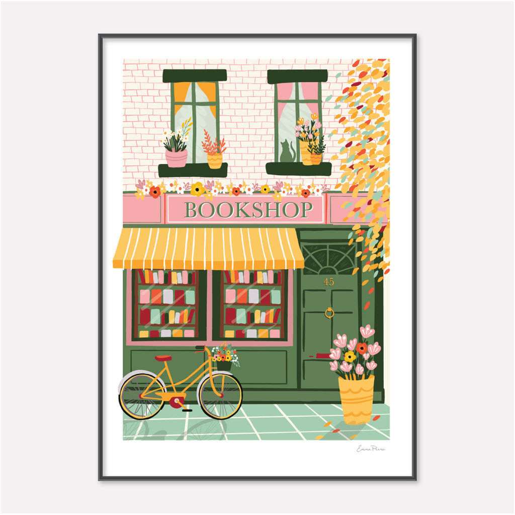 Bookshop Illustration and Wall Art.  Shopfront of a bookshop with Yellow Bike surround by botanical flowers and plants by Illustrator Studio Peers