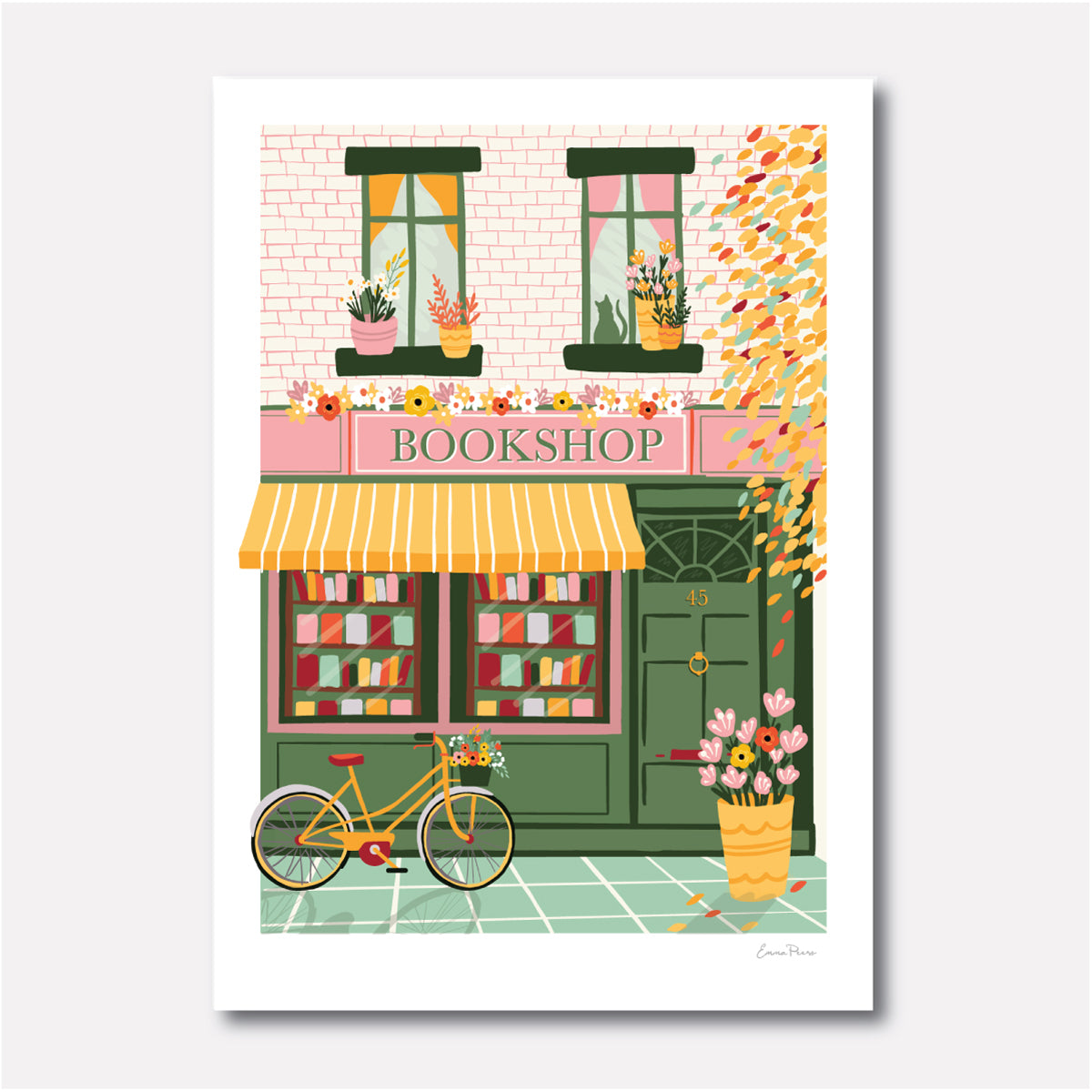 Bookshop Illustration and Wall Art.  Shopfront of a bookshop with Yellow Bike surround by botanical flowers and plants by Illustrator Studio Peers