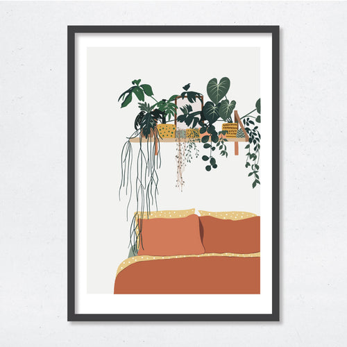Botanical Bedroom Scene.  Illustration of bedroom with houseplants and colourful pots of succulents above the bed by Illustrator Emma Peers