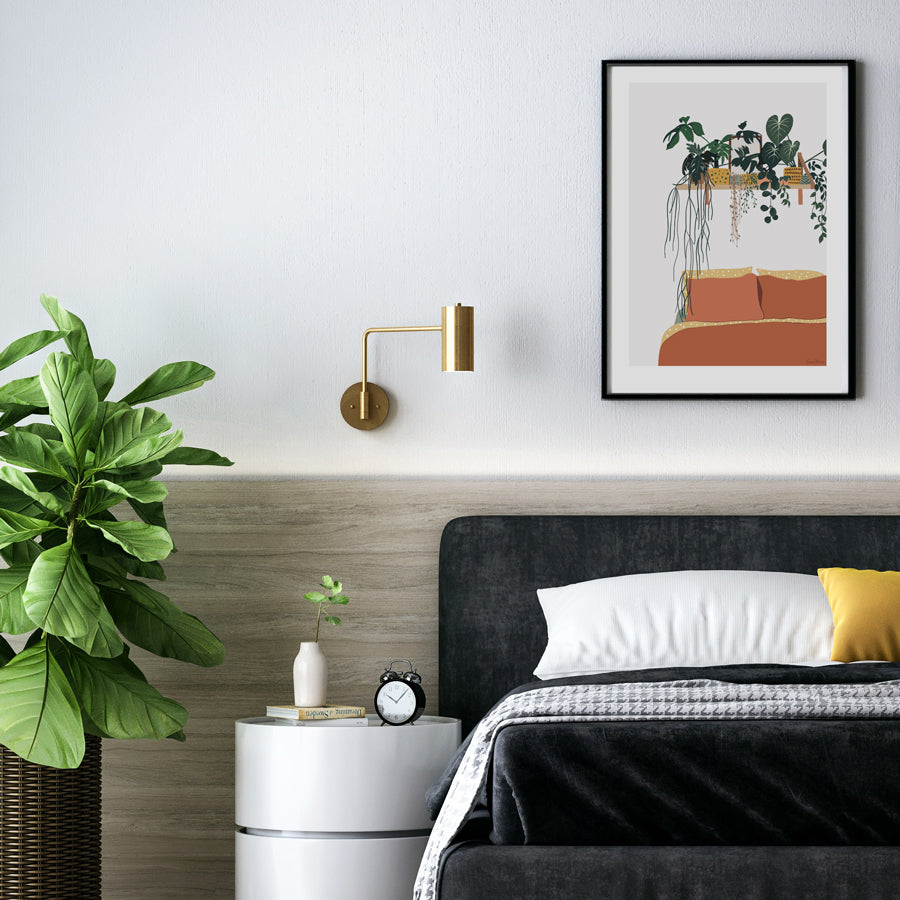 Botanical Bedroom Illustration.  Framed wall art bedroom scene with houseplants and succulent plants by illustrator Emma Peers