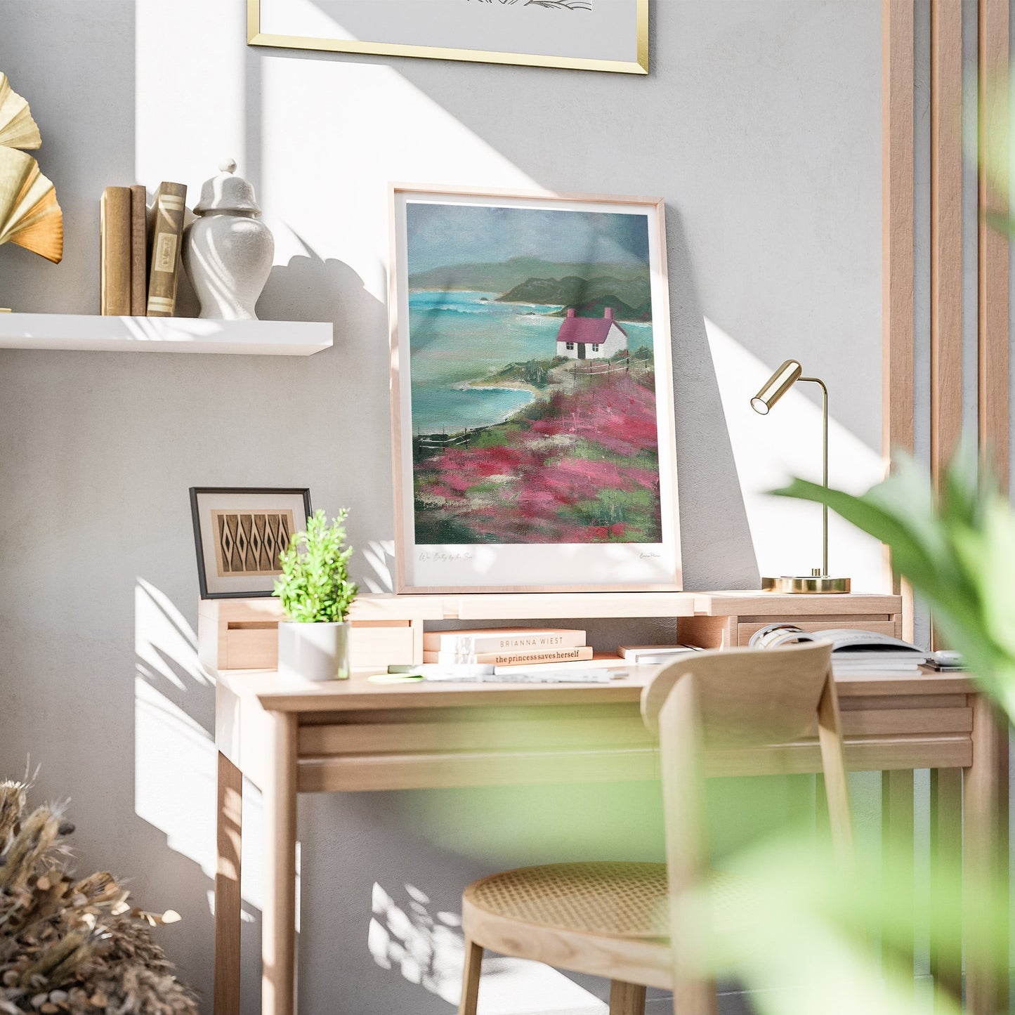 Painting of Scottish Bothy by the sea surrounded by purple heather.  Wall Art by Studio Peers