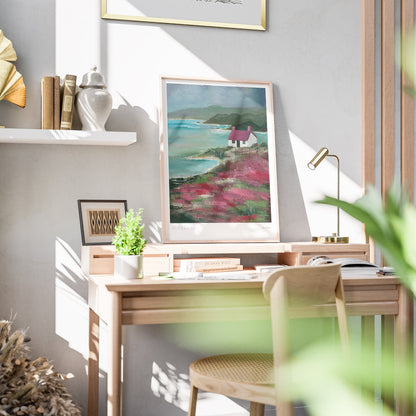 Painting of Scottish Bothy by the sea surrounded by purple heather.  Wall Art by Studio Peers